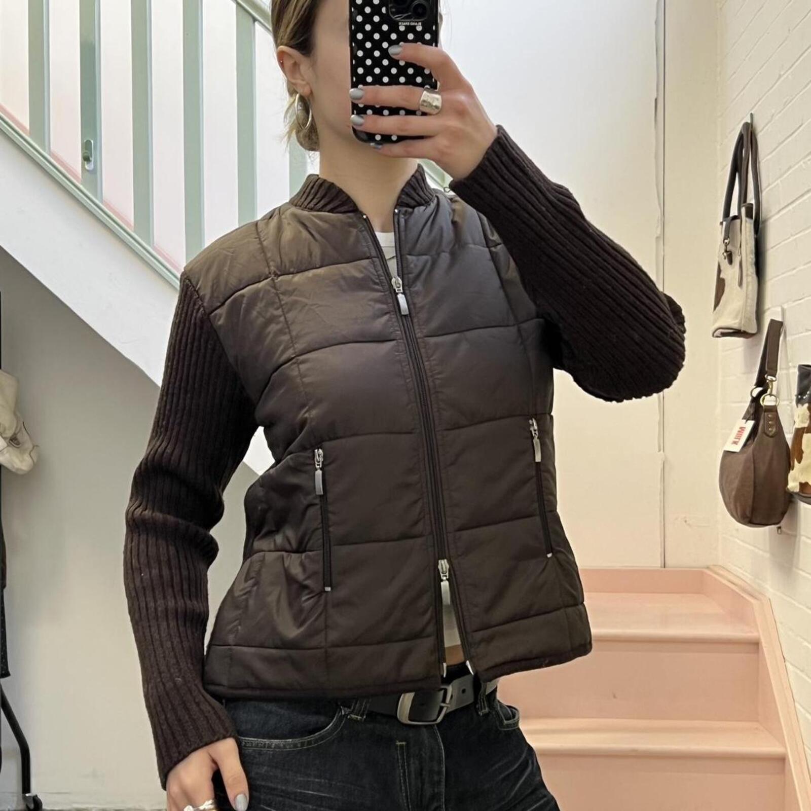 brown vintage padded sweater with lambs wool knitted sleeves and dual zip