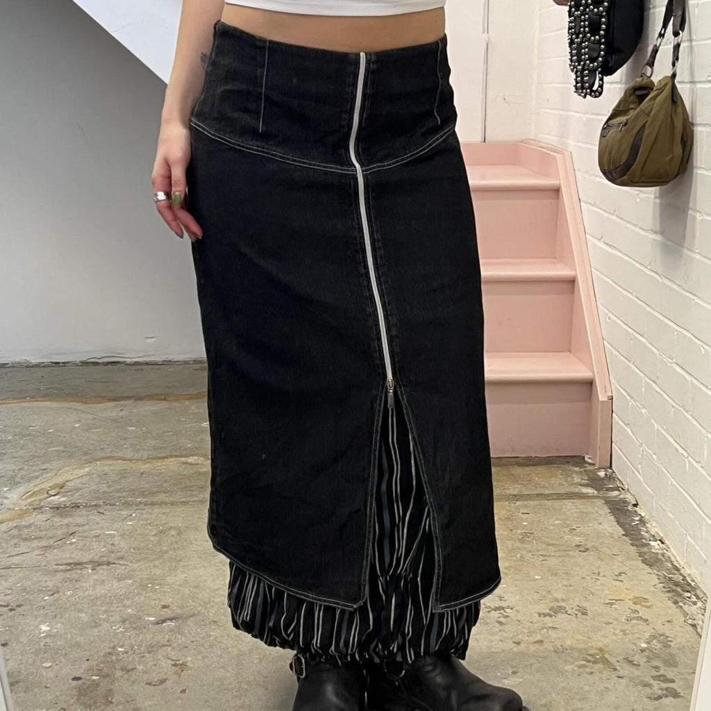 Black denim layered cargo maxi skirt with pinstripe layer and zip