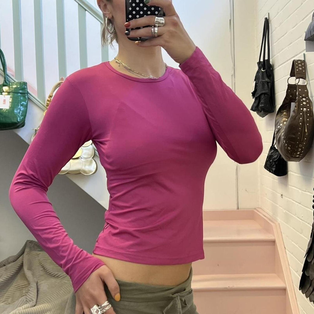 fuchsia hot pink fitted long sleeve slinky top