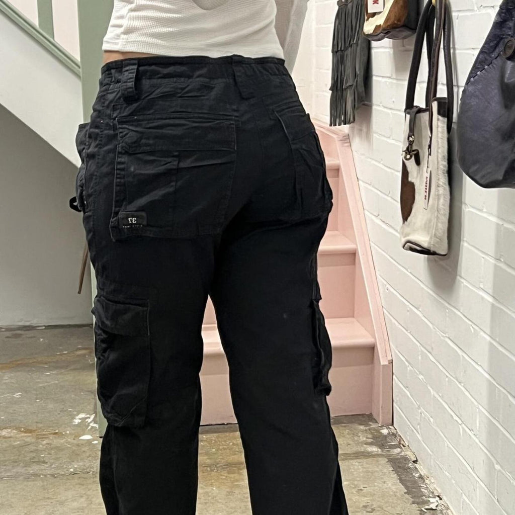 Black wide leg low rise vintage cargo trousers with tie waist