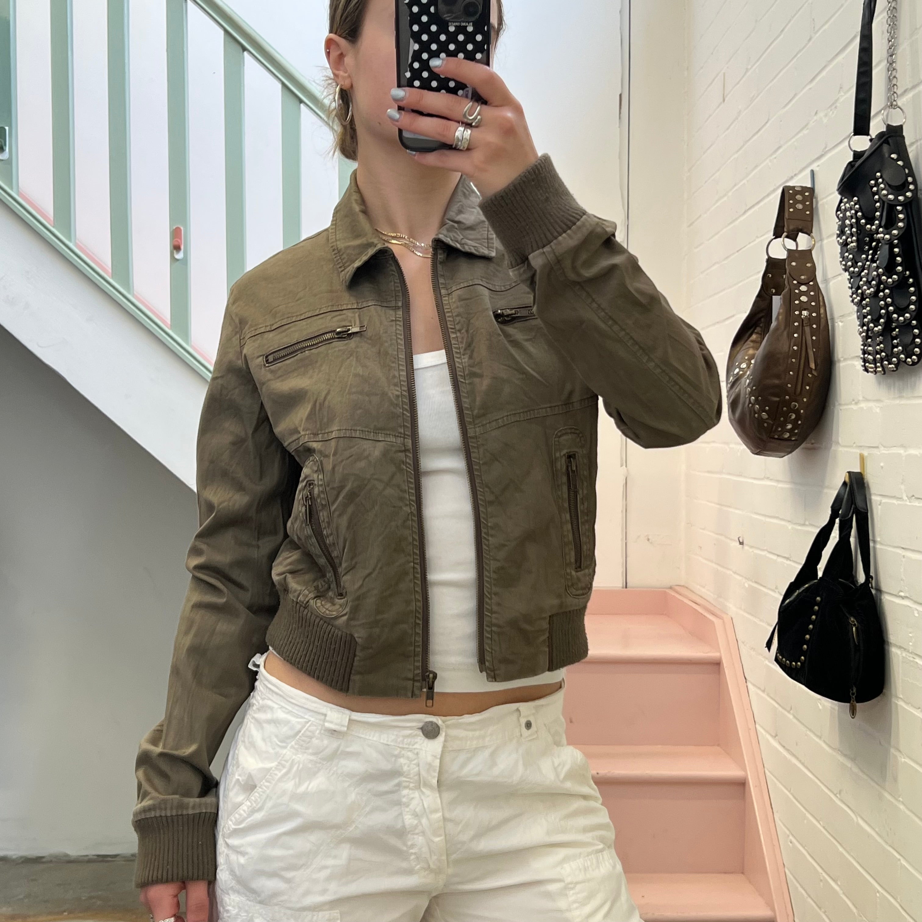 Khaki zip up fitted bomber jacket