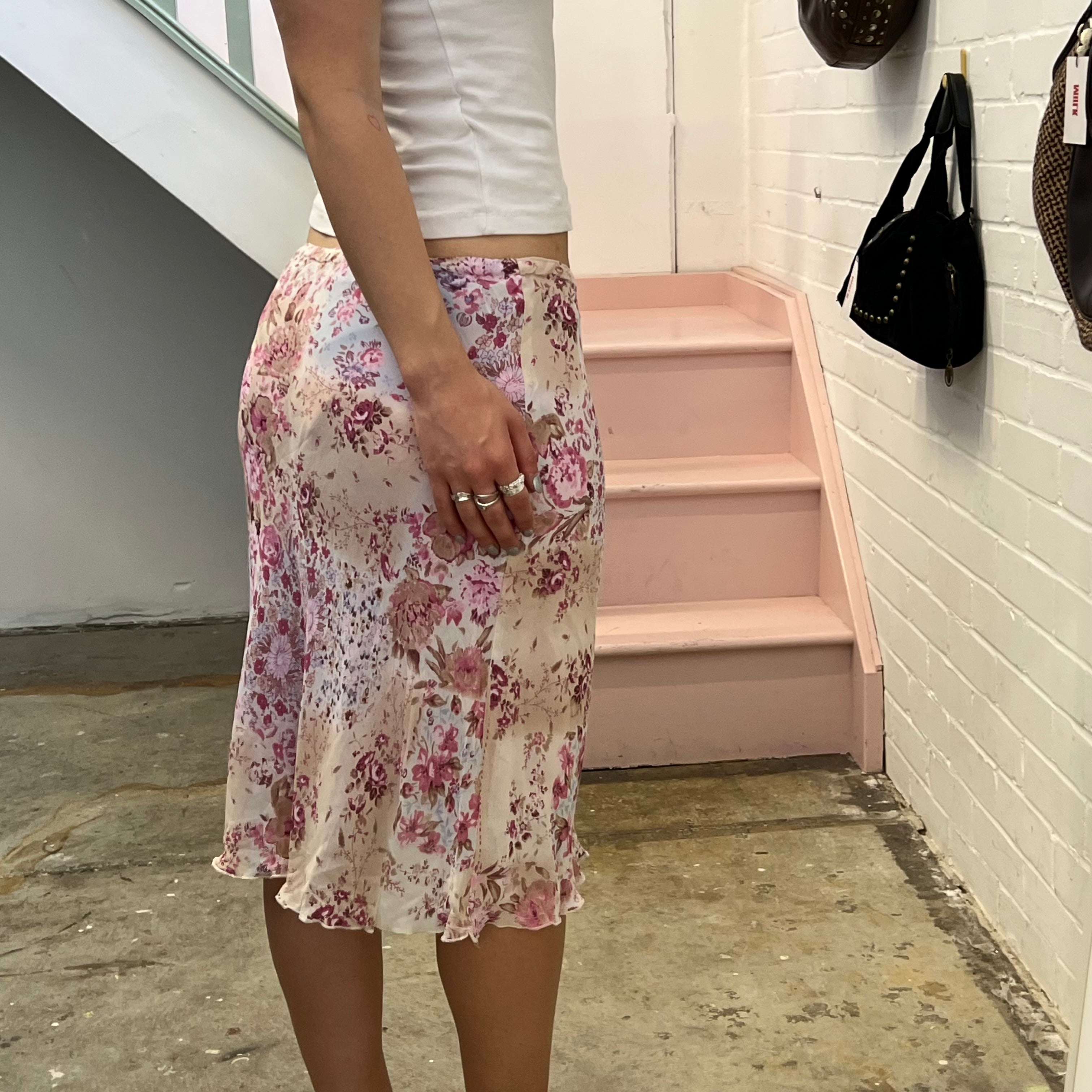 Pink ditsy floral mid skirt