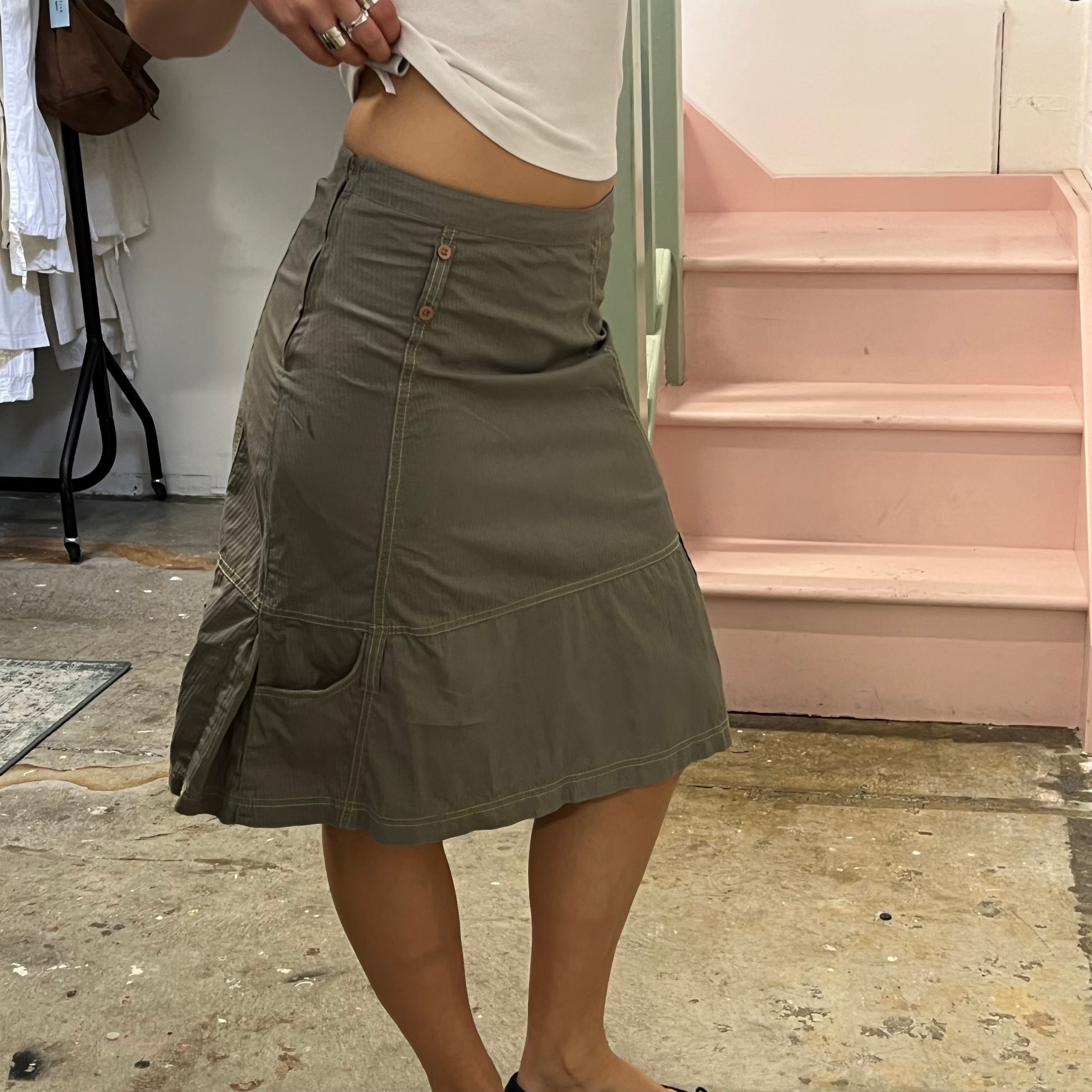 Cache pinstripe khaki cargo midi skirt