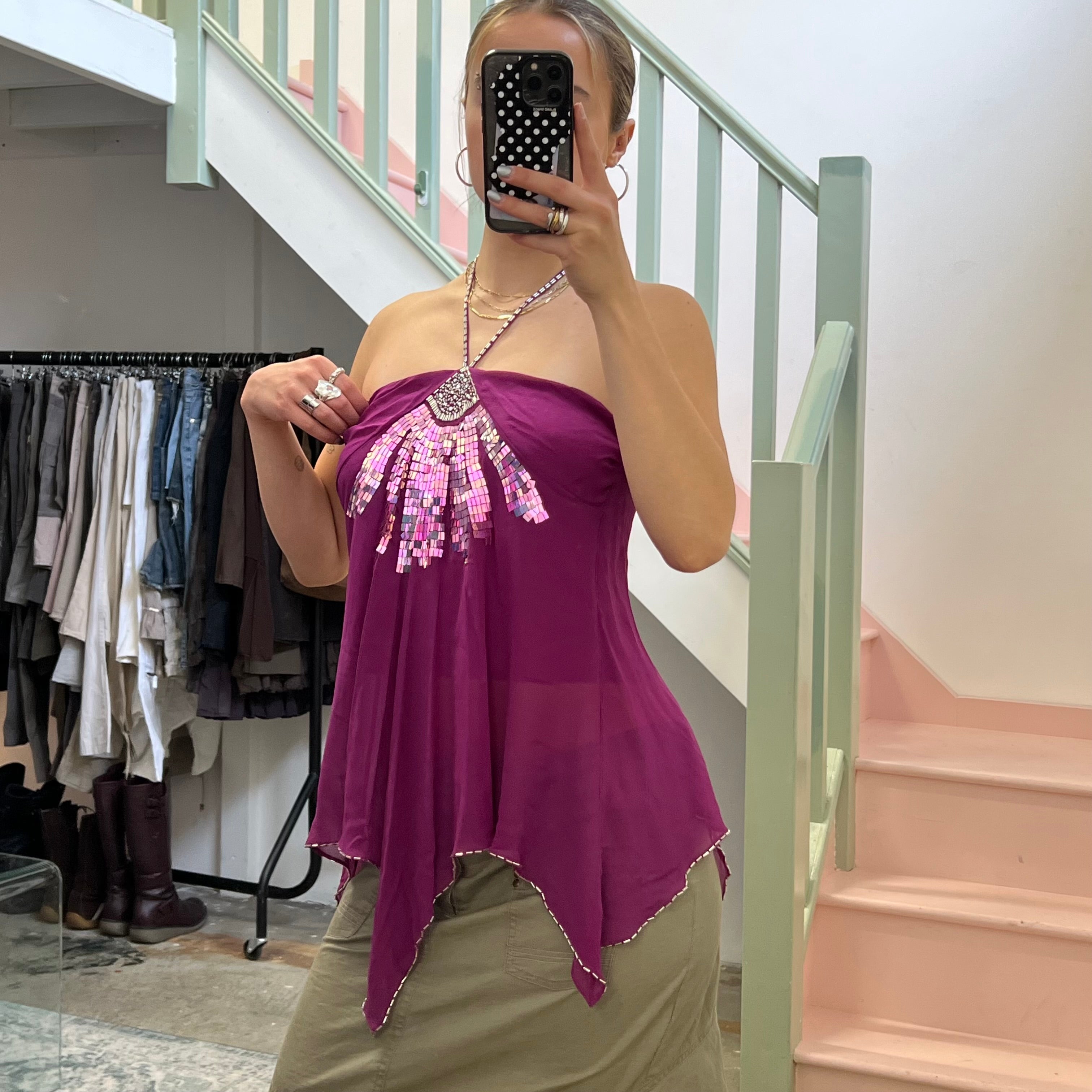 Fuchsia halterneck asymmetrical beaded floaty blouse