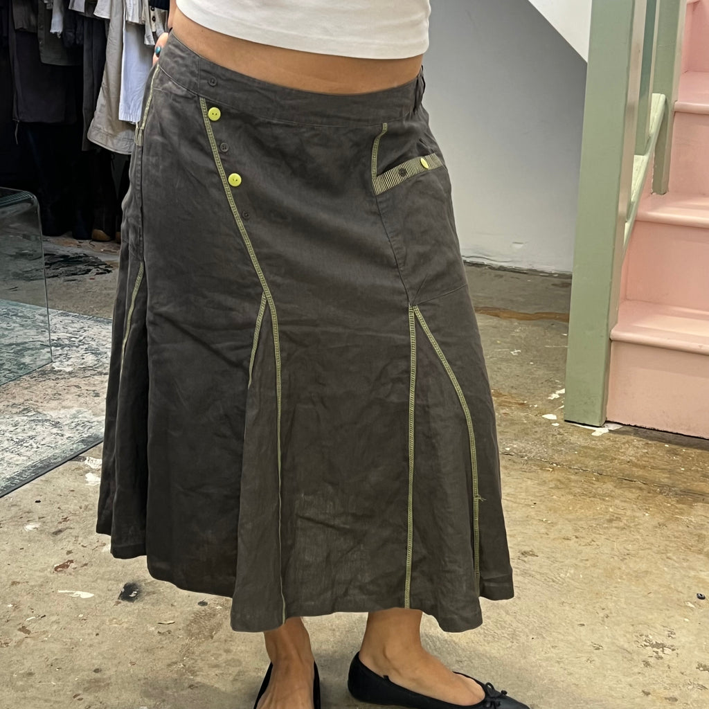 Grey linen utility maxi skirt with green contrast stitching