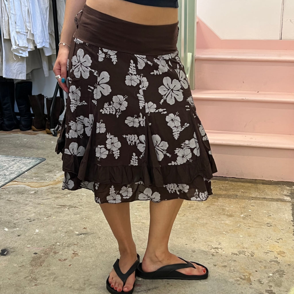 Brown and white hibiscus print floral midi skirt with foldable waist