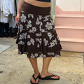Brown and white hibiscus print floral midi skirt with foldable waist