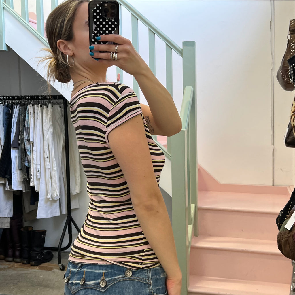 Pink striped button up v neck tee