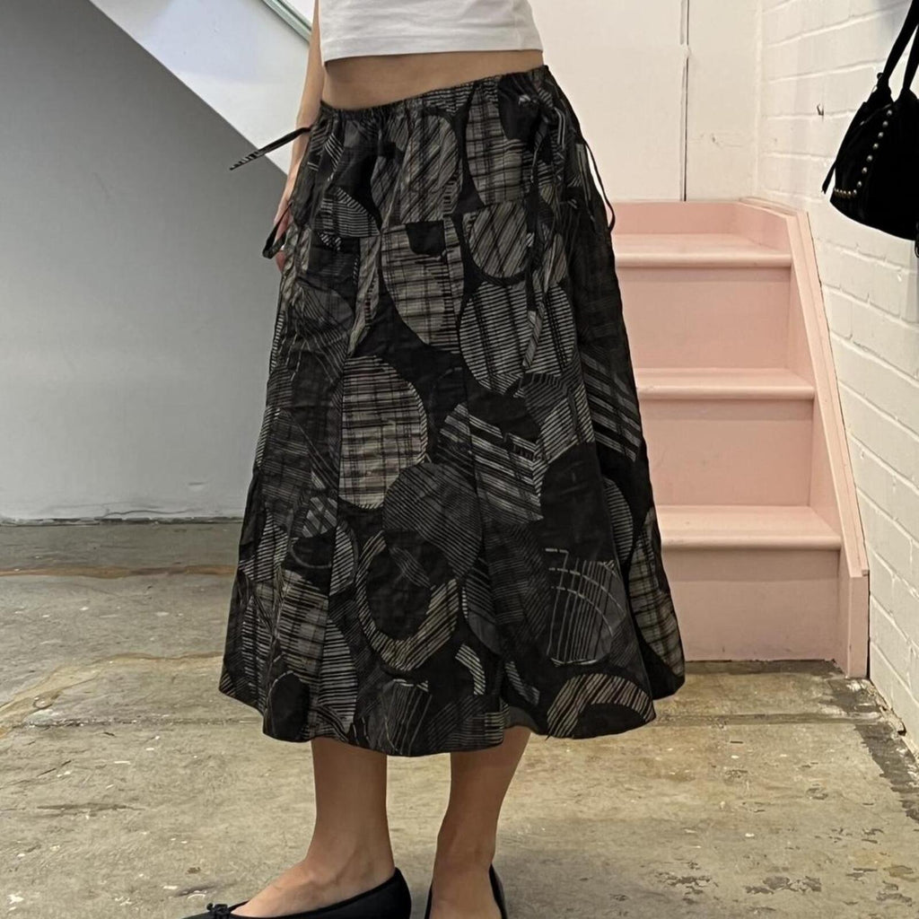 Brown and grey polka dot geo print floaty utility style vintage midi skirt