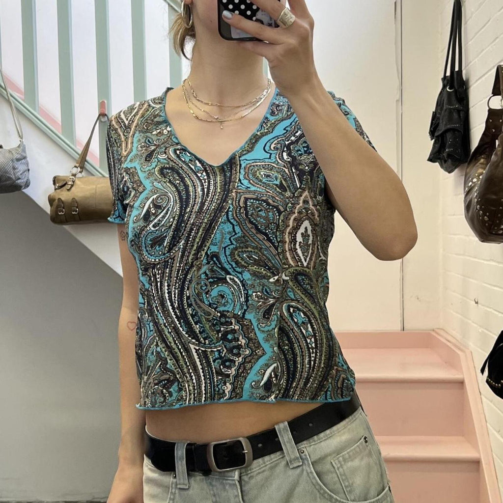 Blue and brown paisley printed v neck vintage baby tee