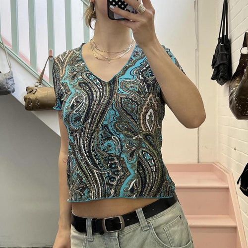 Blue and brown paisley printed v neck vintage baby tee
