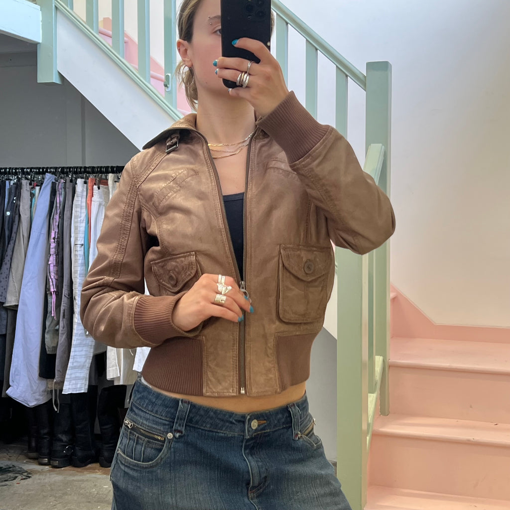 Brown leather zip up bomber jacket