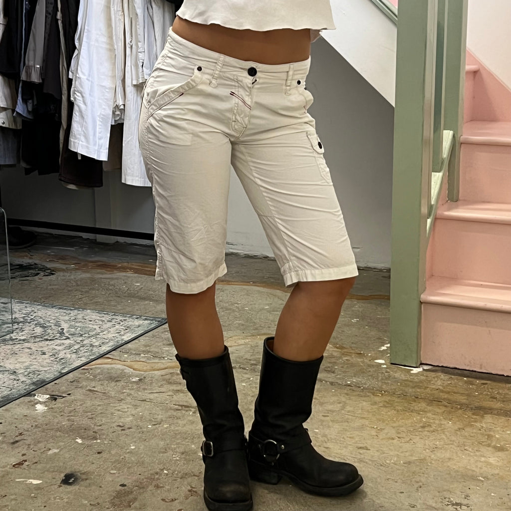 White knee length cargo shorts