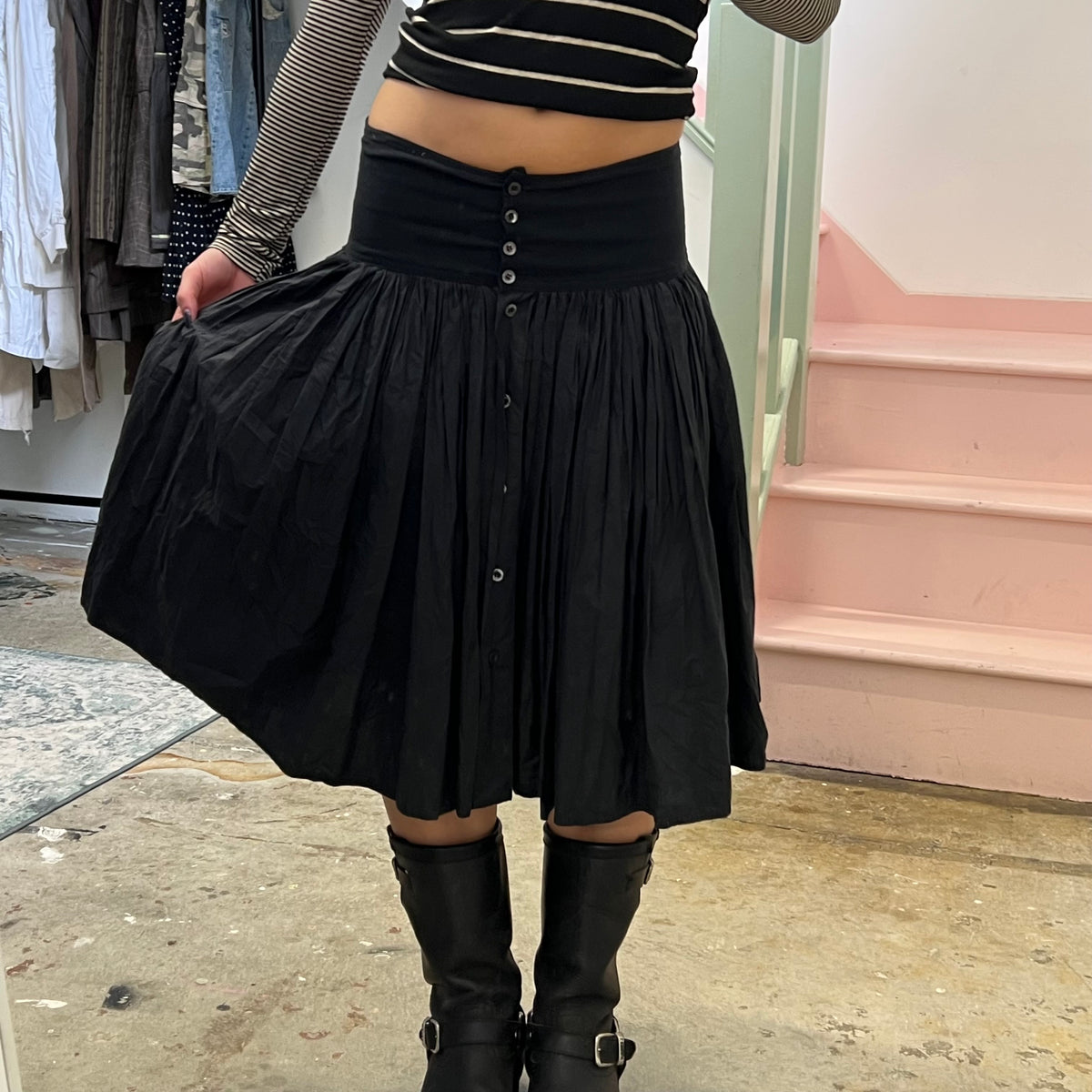 Black pleated midi skirt