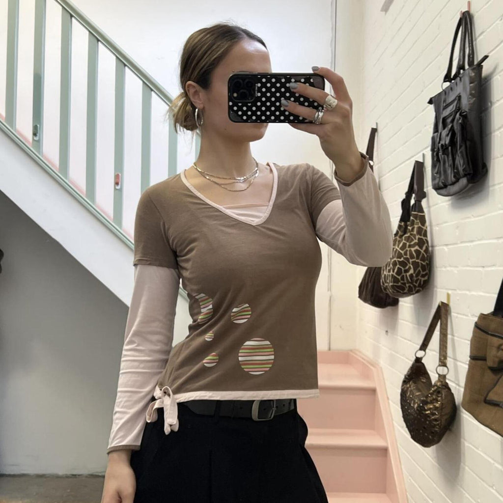 brown and cream polka dot geo print vintage long sleeve layered top