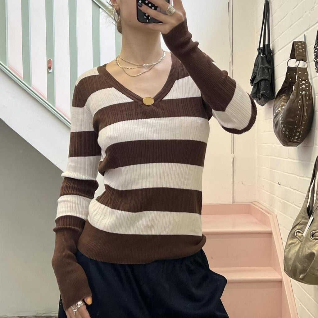 White and brown striped ribbed v neck sweater