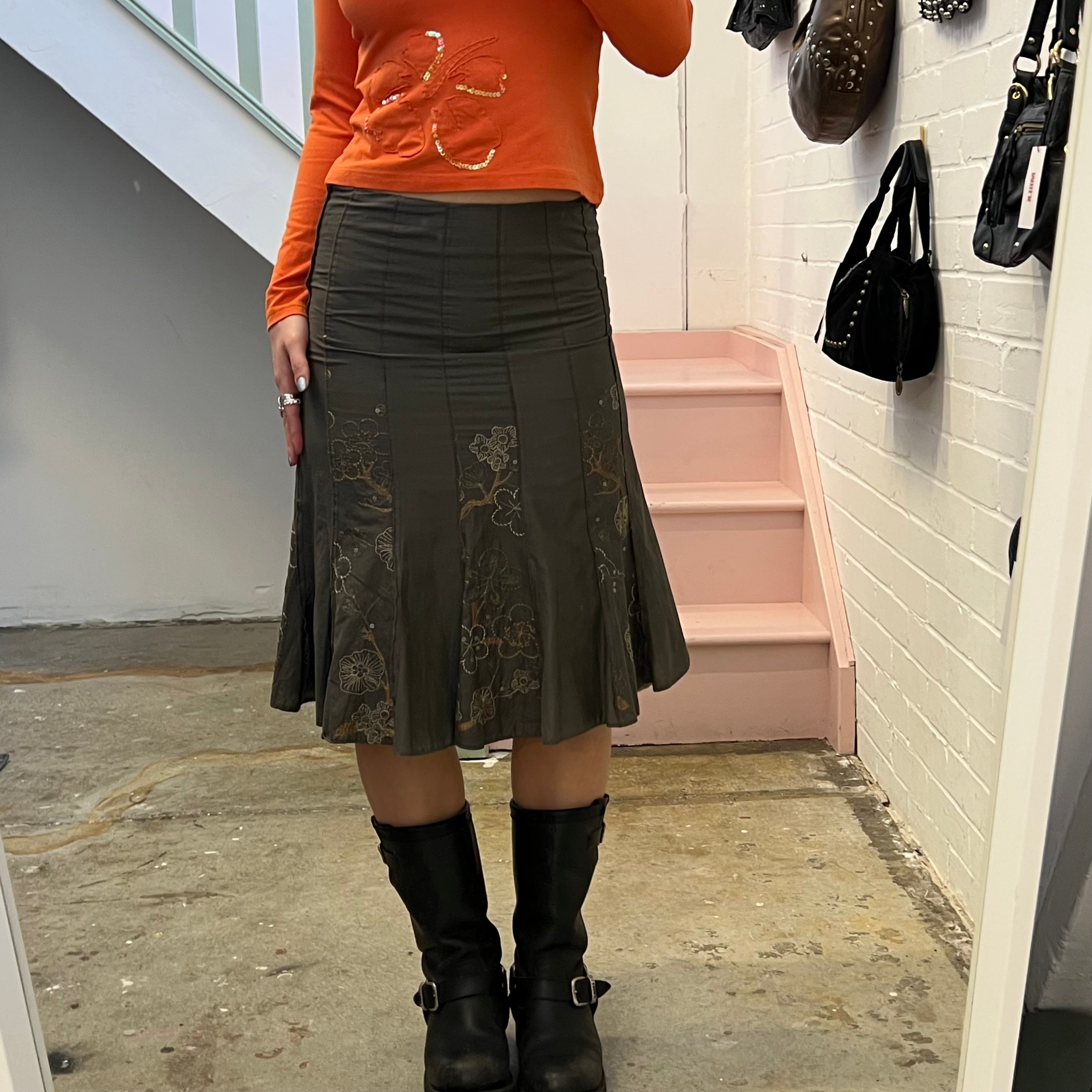 Khaki pleated embroidered midi skirt