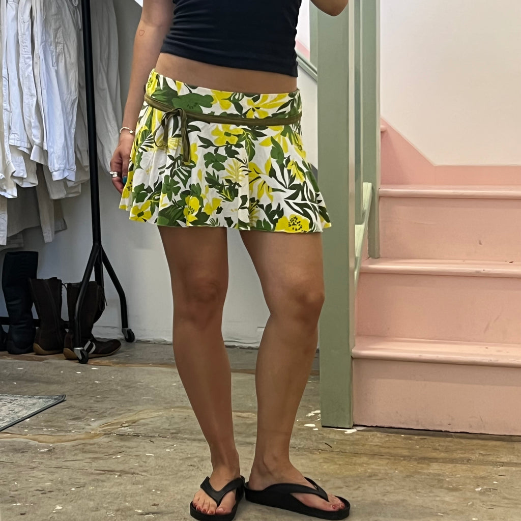 Yellow and green floral low rise mini skirt