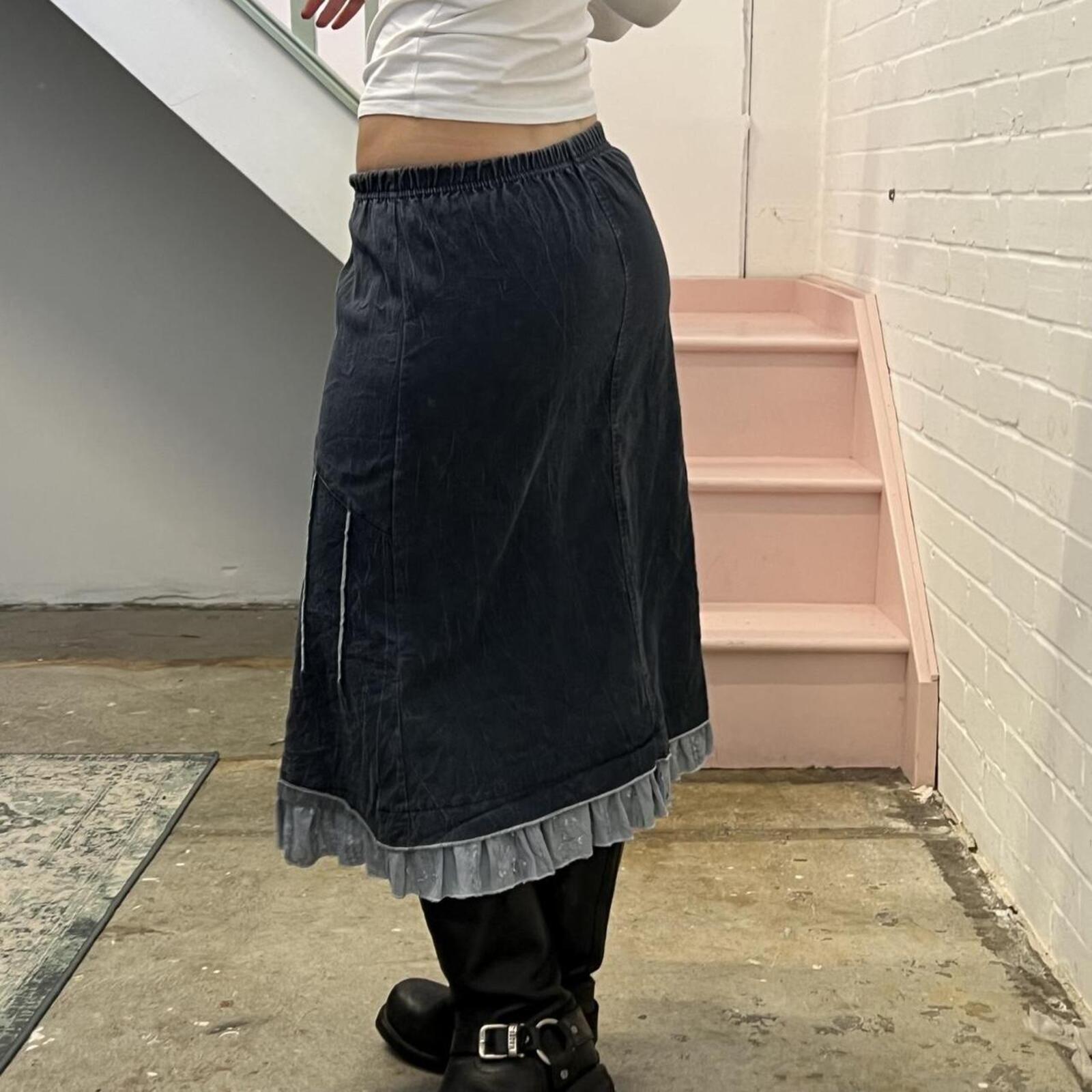 Navy denim look utility style midi skirt
