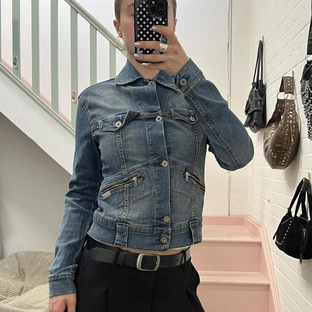 Navy button up utility style fitted vintage denim jacket