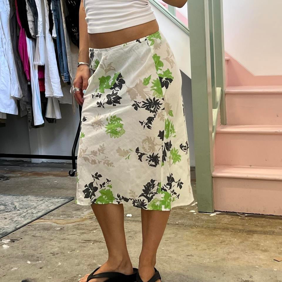 White and green floral midi skirt