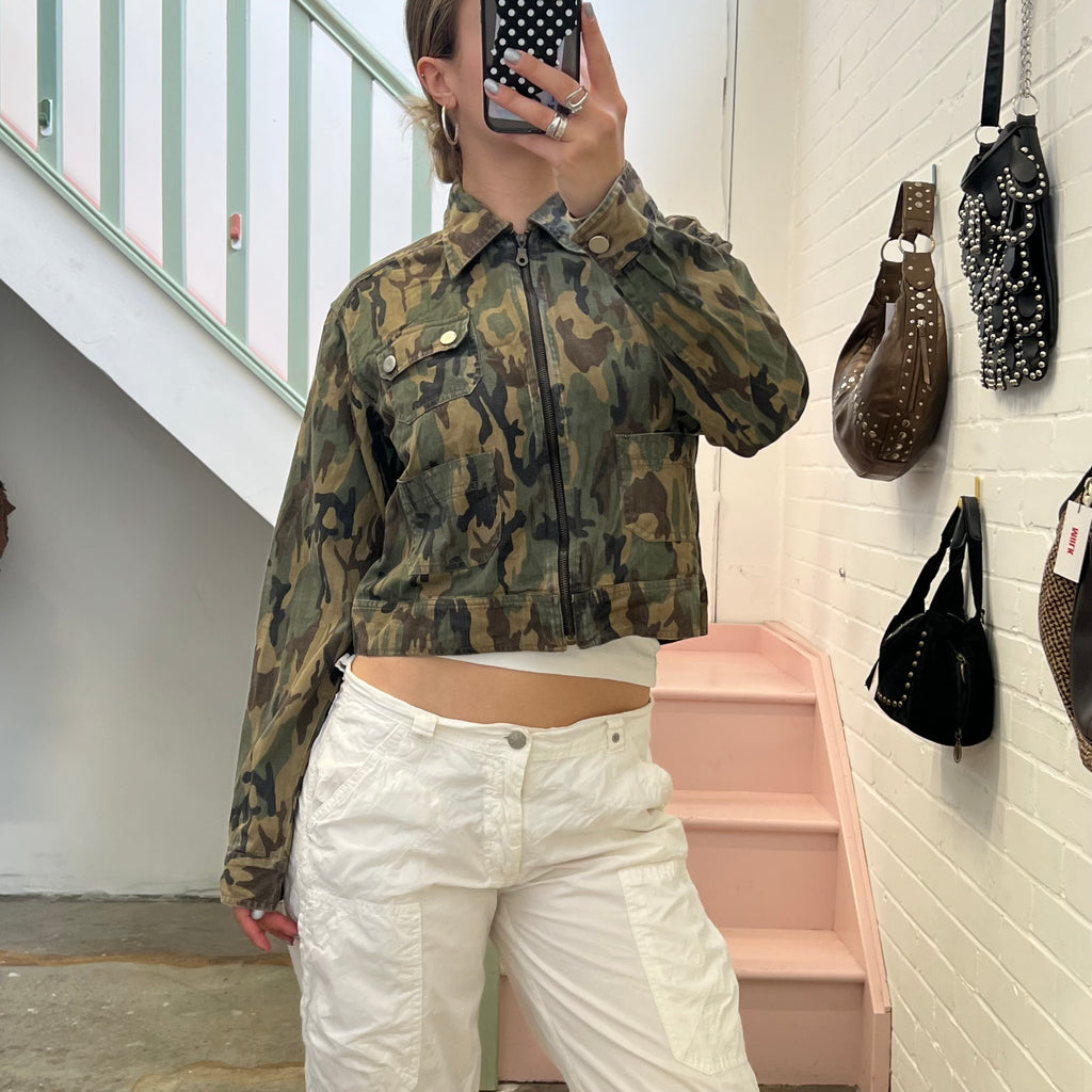 Khaki camo print zip up vintage lightweight jacket