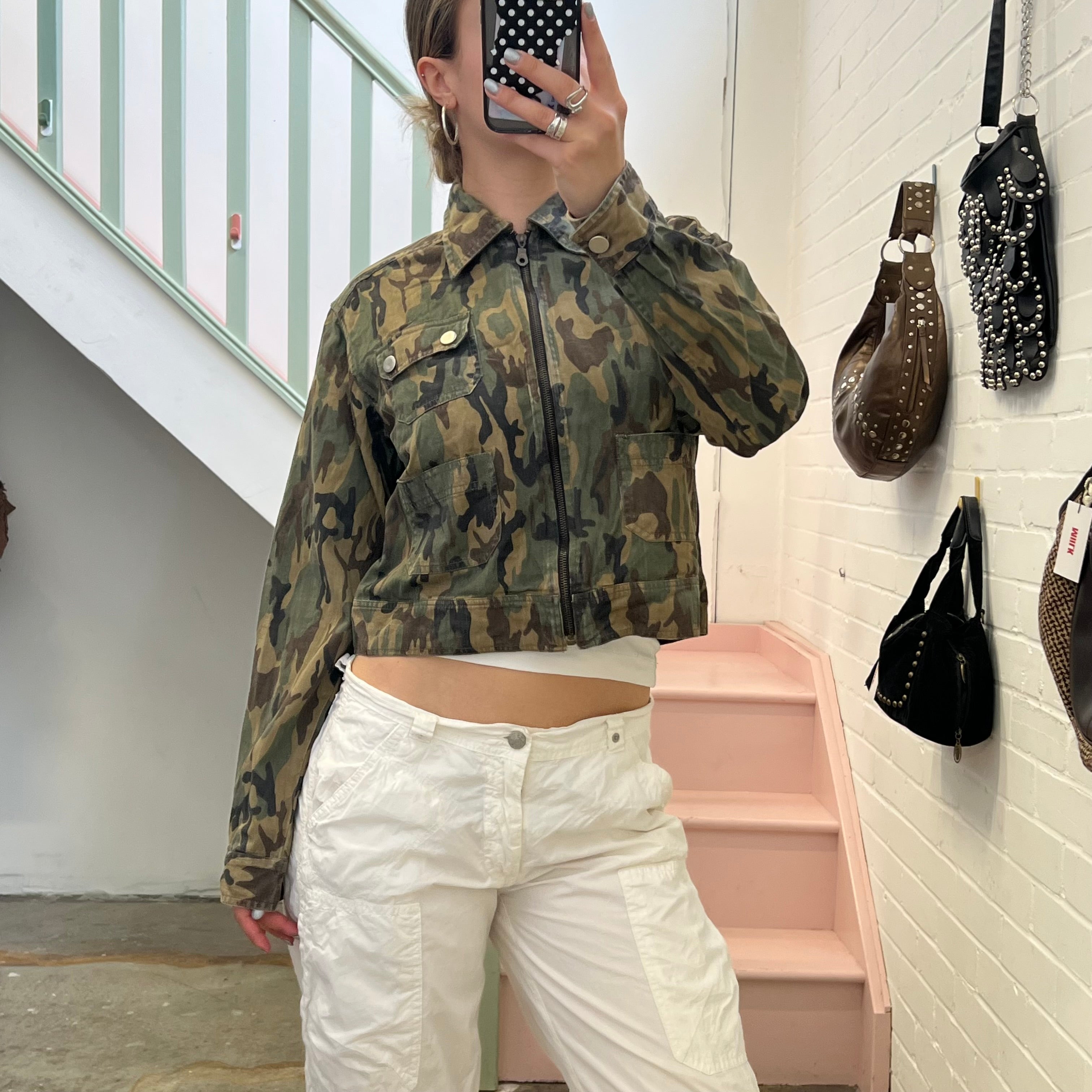 Khaki camo print zip up vintage lightweight jacket