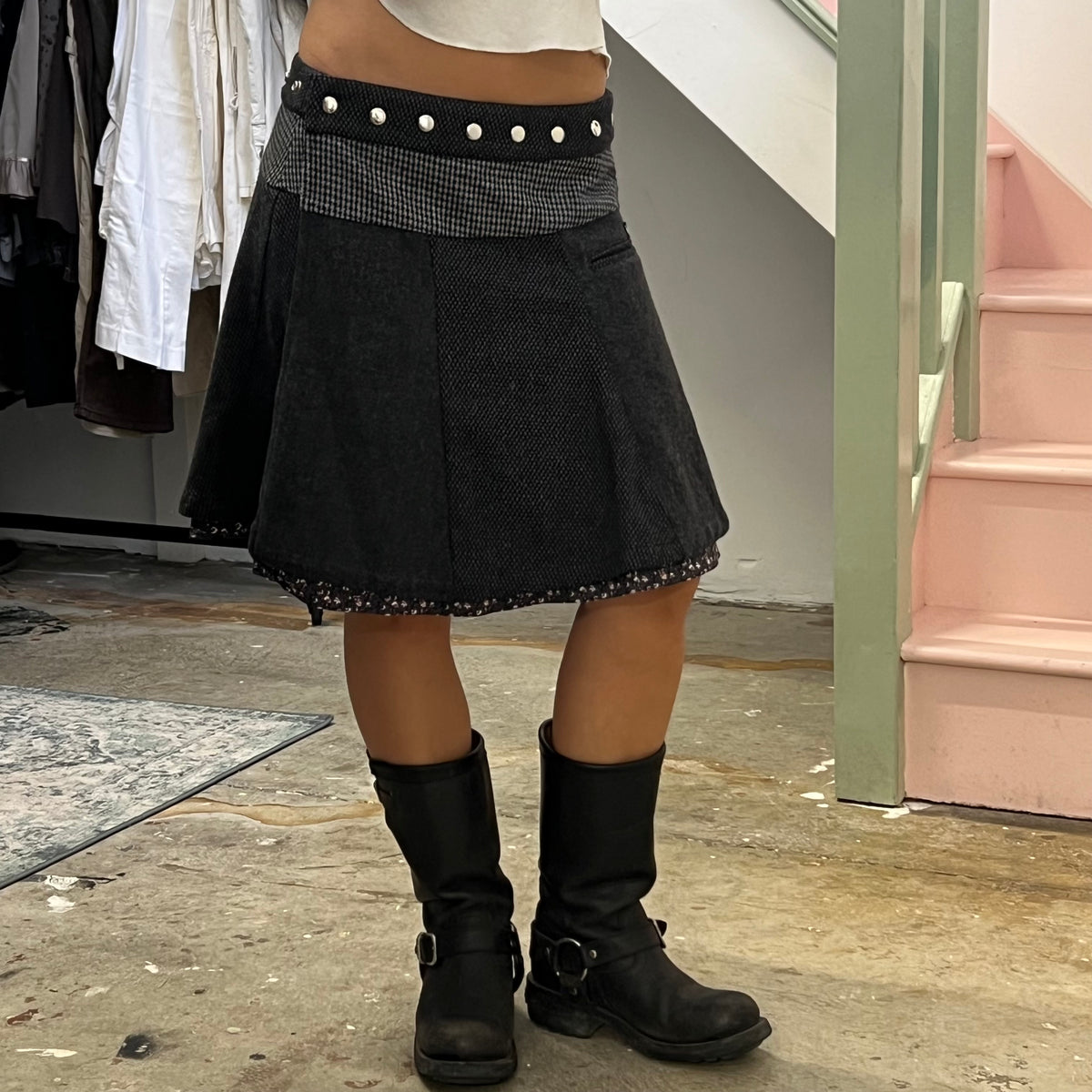 Moshiki grey wrap around reversible midi skirt