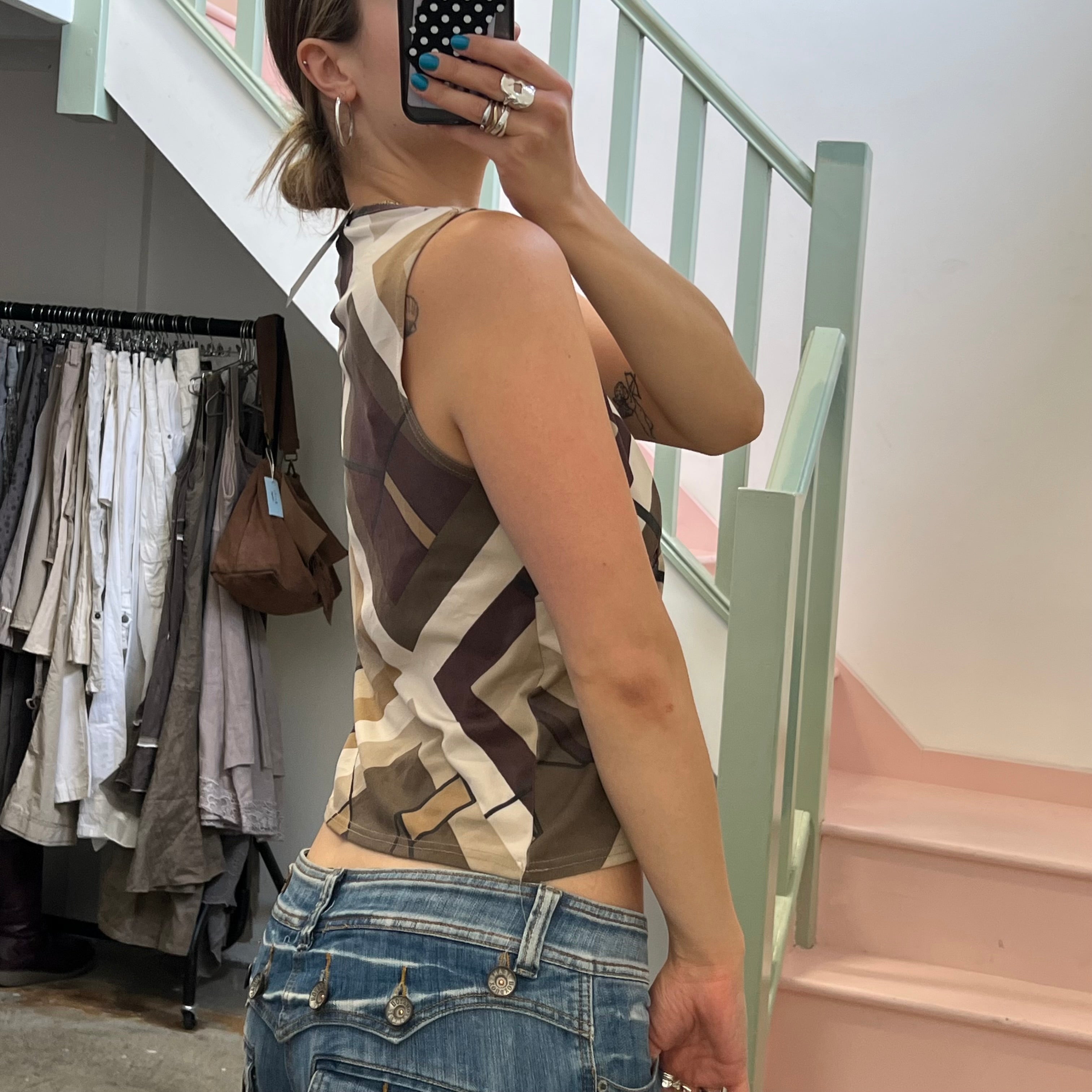 Brown and cream geo print vest