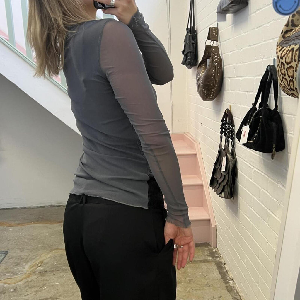 Grey mesh long sleeve ruched fitted top with black lace under layer