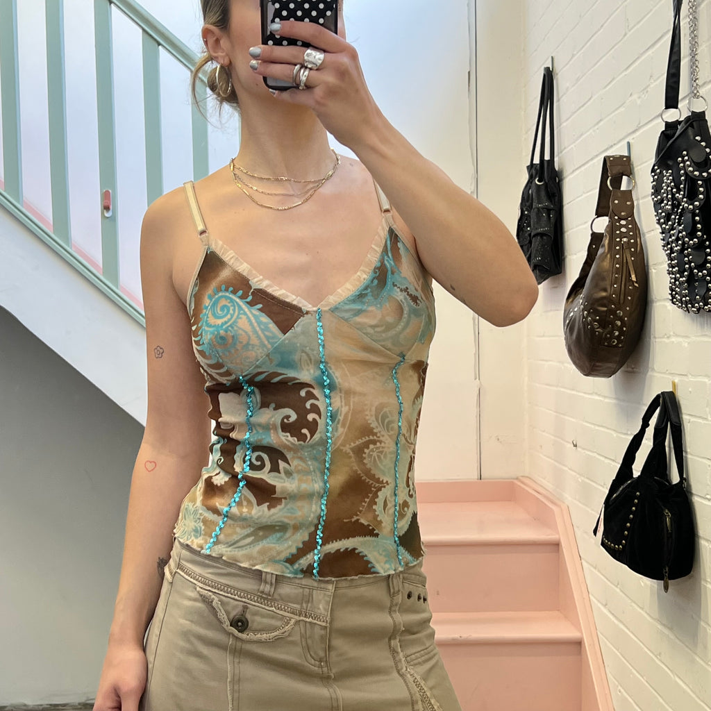 Blue and cream printed mesh vest