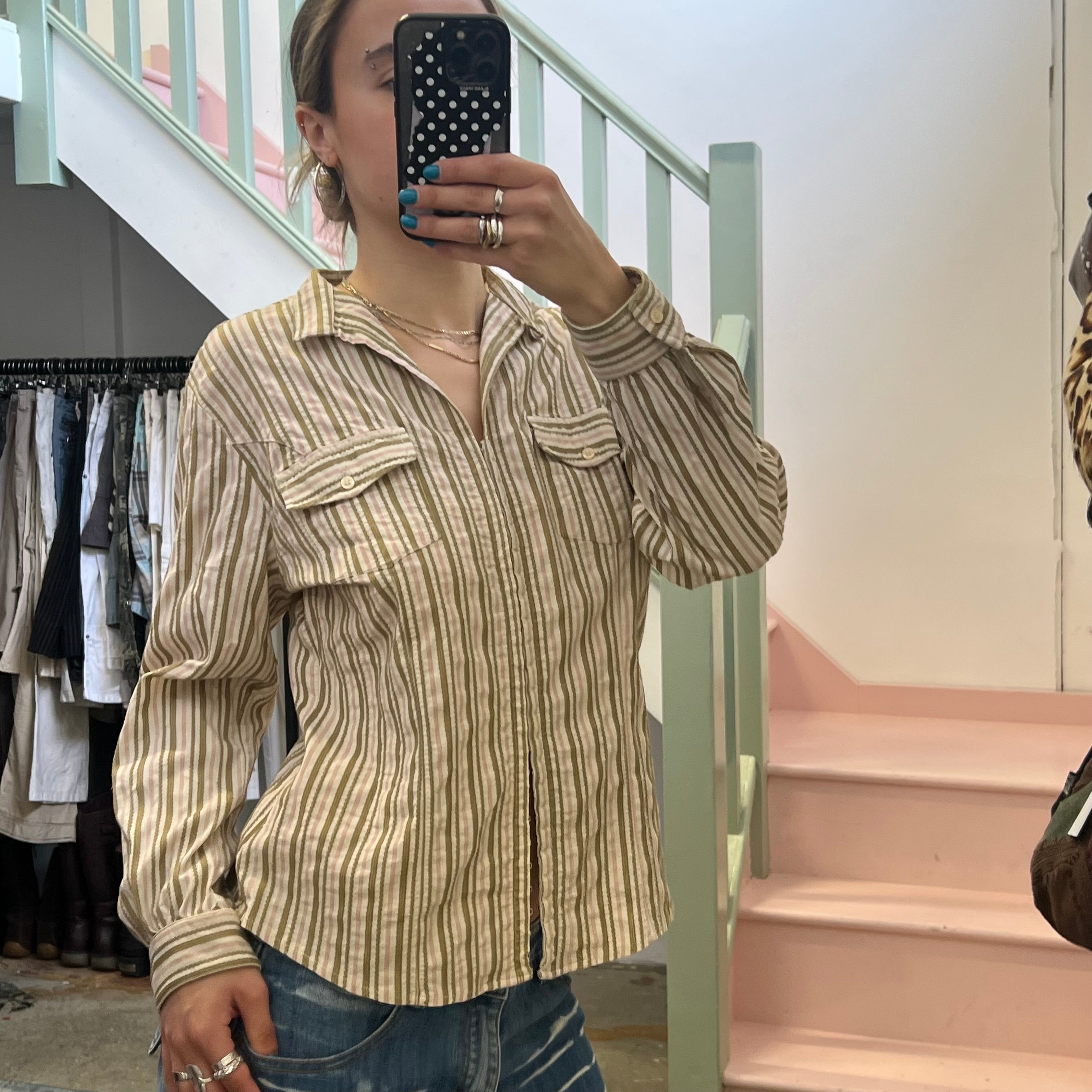 Pink and khaki stripe shirt with hook and eye clasps
