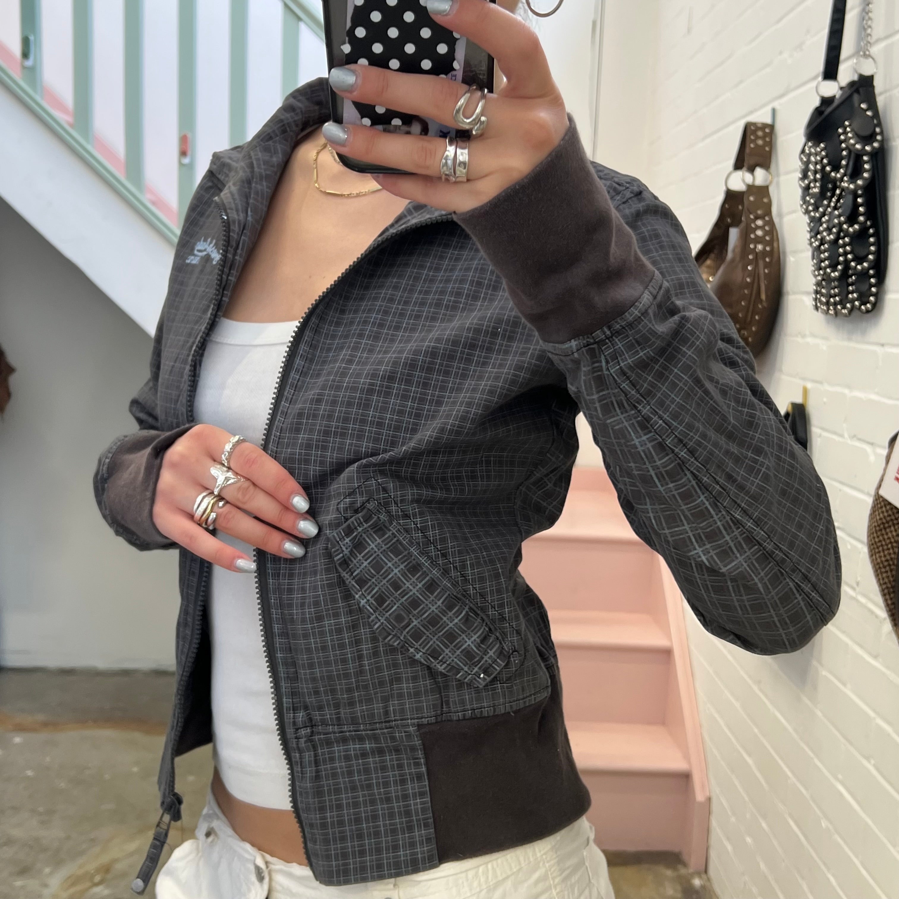 Grey checkered gingham lightweight vintage bomber jacket