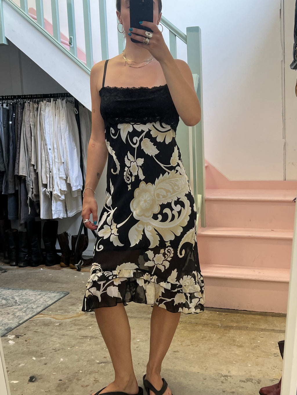 Black and cream paisley print lace trim slip dress