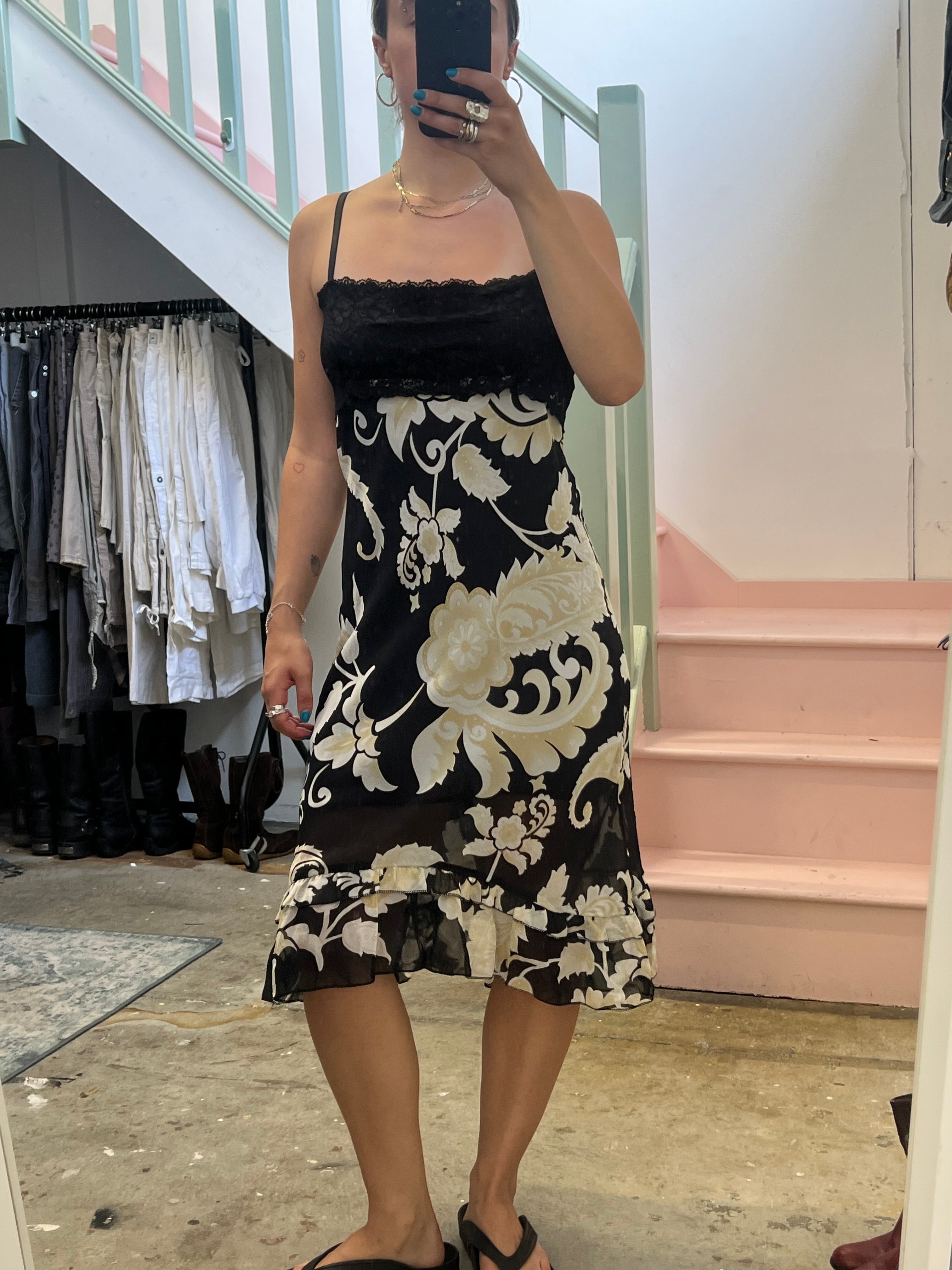 Black and cream paisley print lace trim slip dress