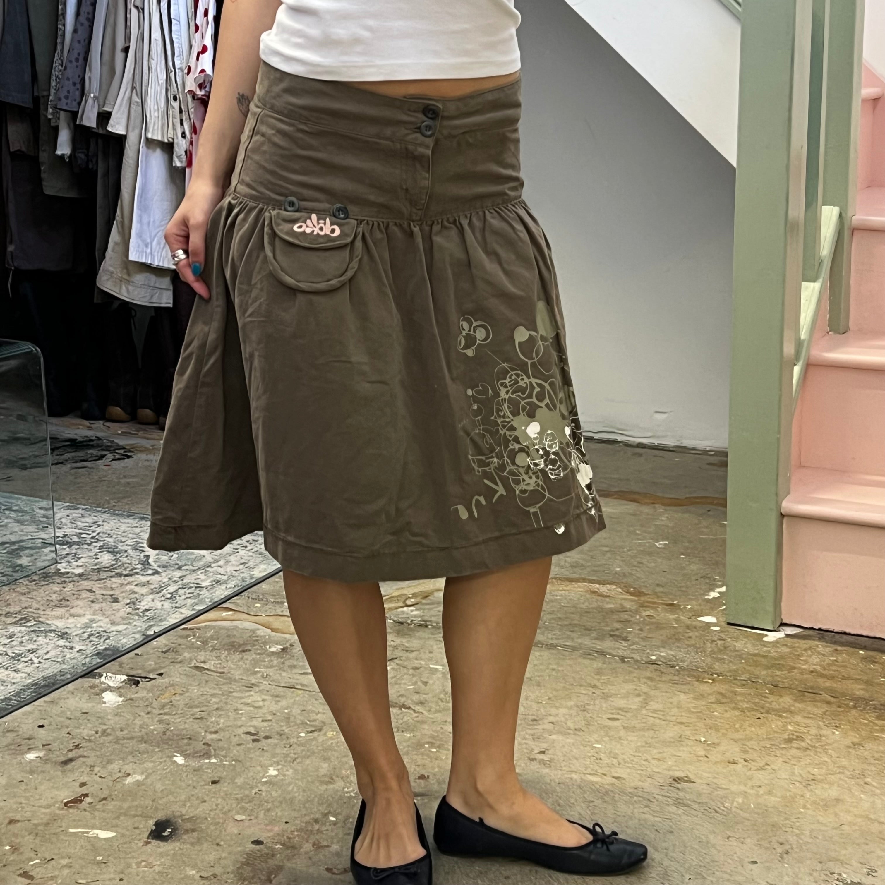 Khaki puffy printed midi skirt