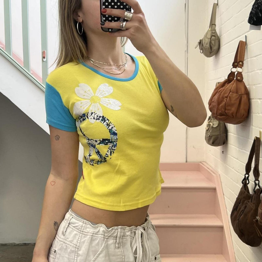 yellow and blue graphic vintage baby tee