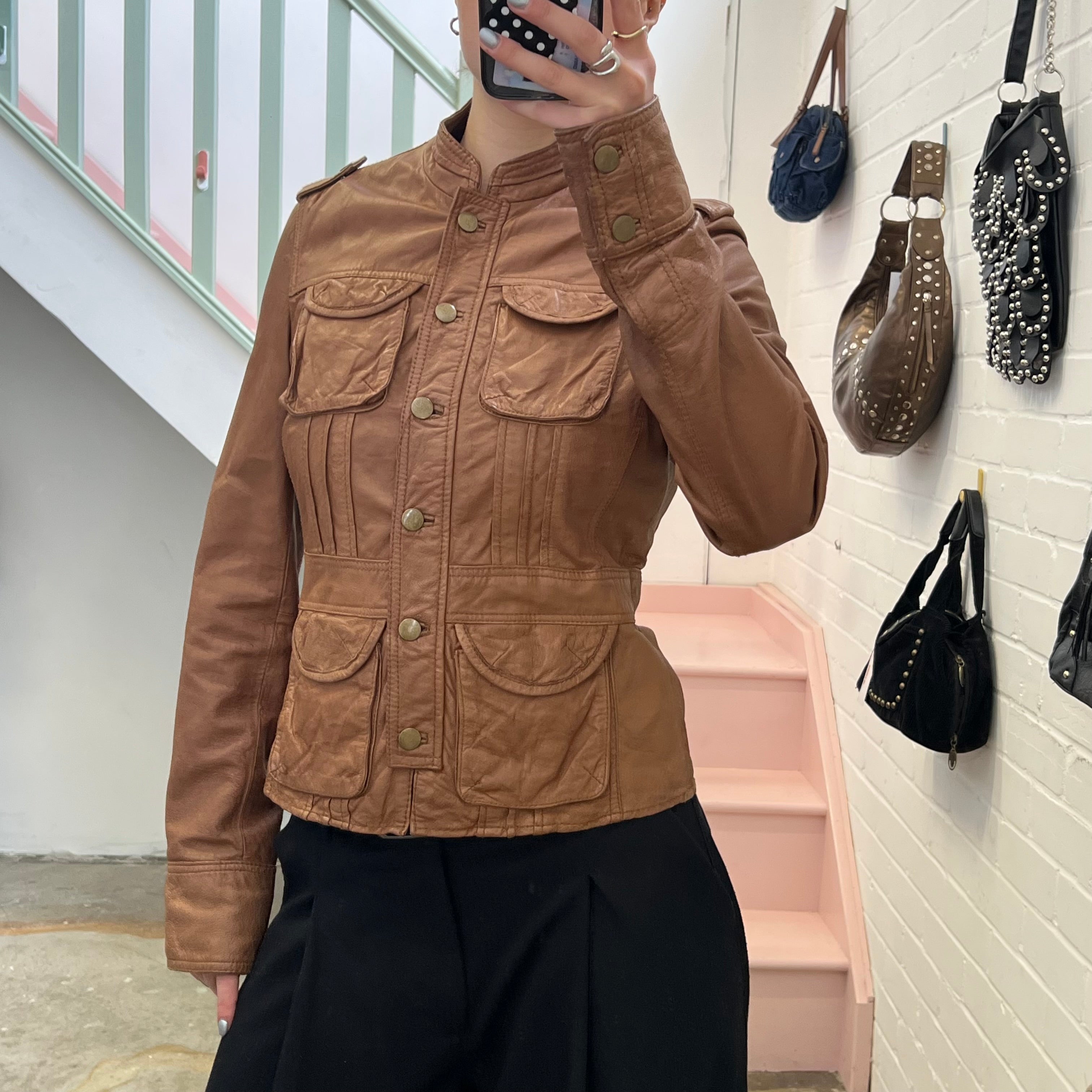 Brown tan button up fitted leather jacket