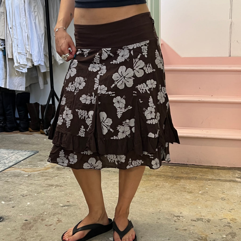 Brown and white hibiscus print floral midi skirt with foldable waist