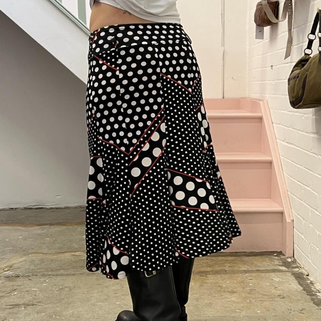 Black and white polka dot patchwork floaty vintage maxi skirt with red contrast stitching