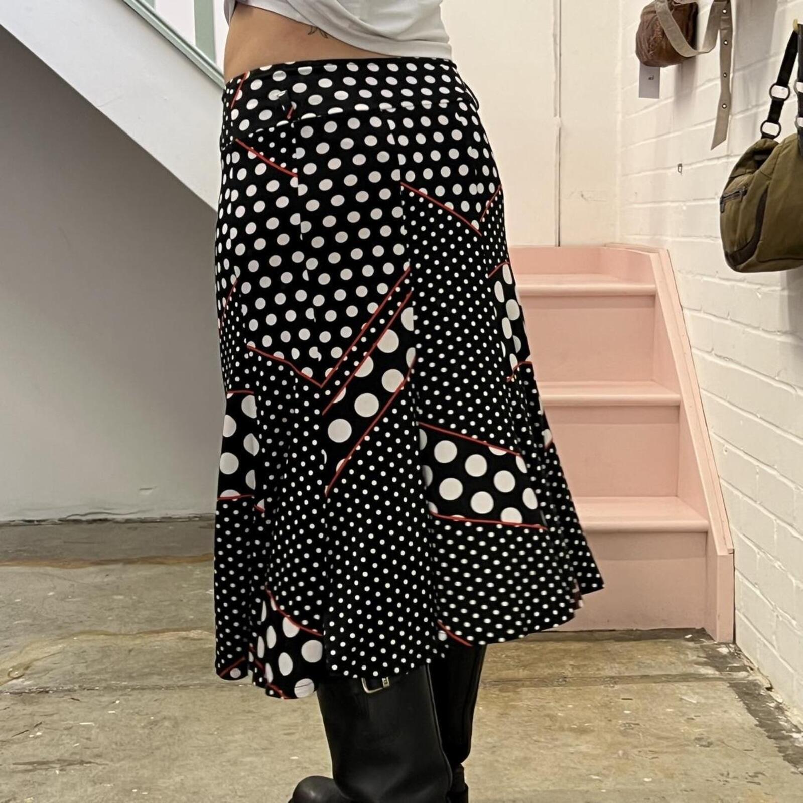 Black and white polka dot patchwork floaty vintage maxi skirt with red contrast stitching