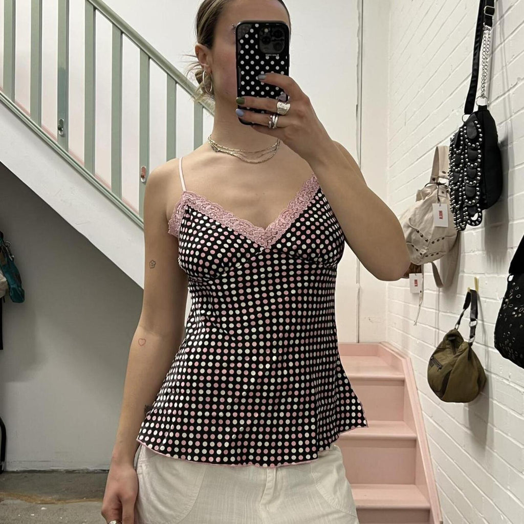 black pink and white satin polka dot lace trim vintage cami