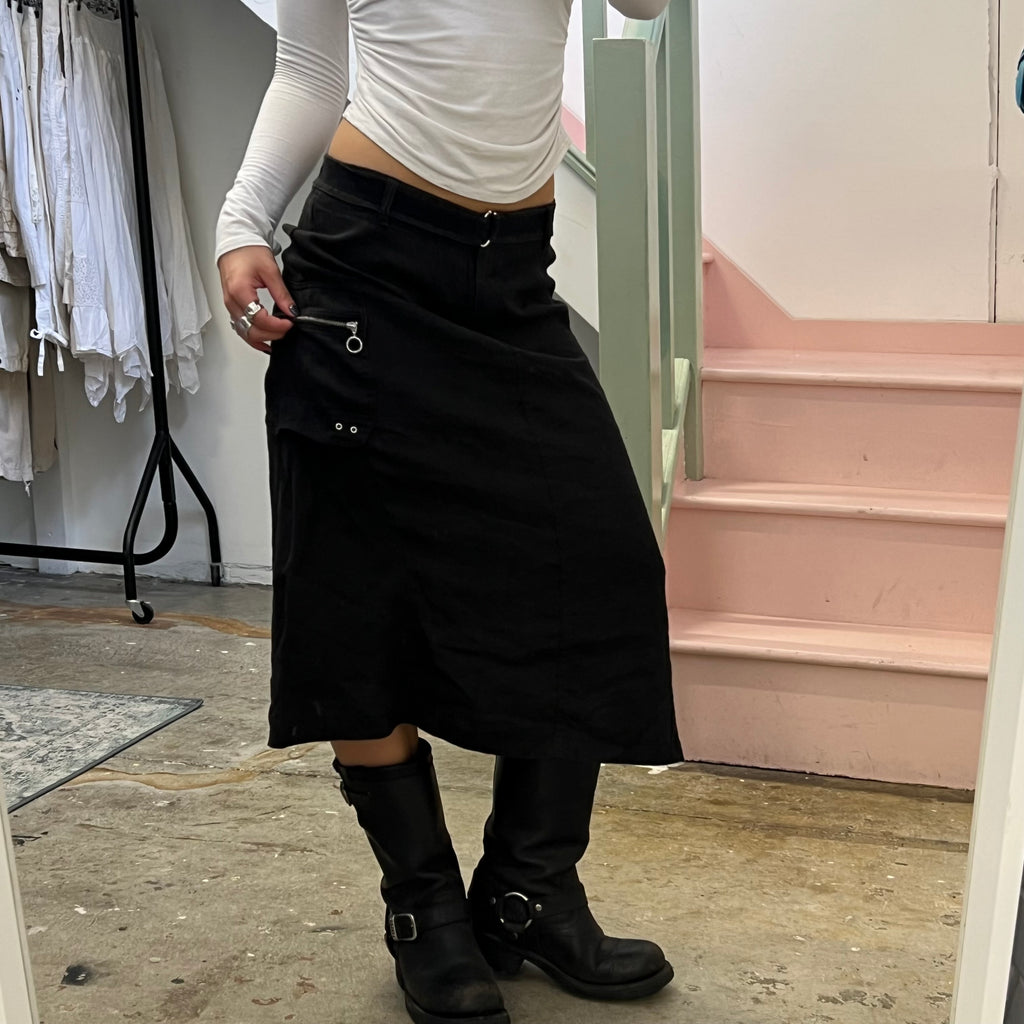 Black linen cargo maxi skirt