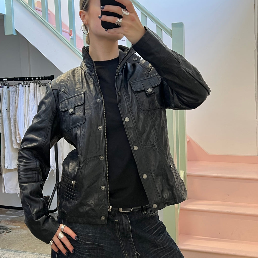 Black leather button up utility jacket