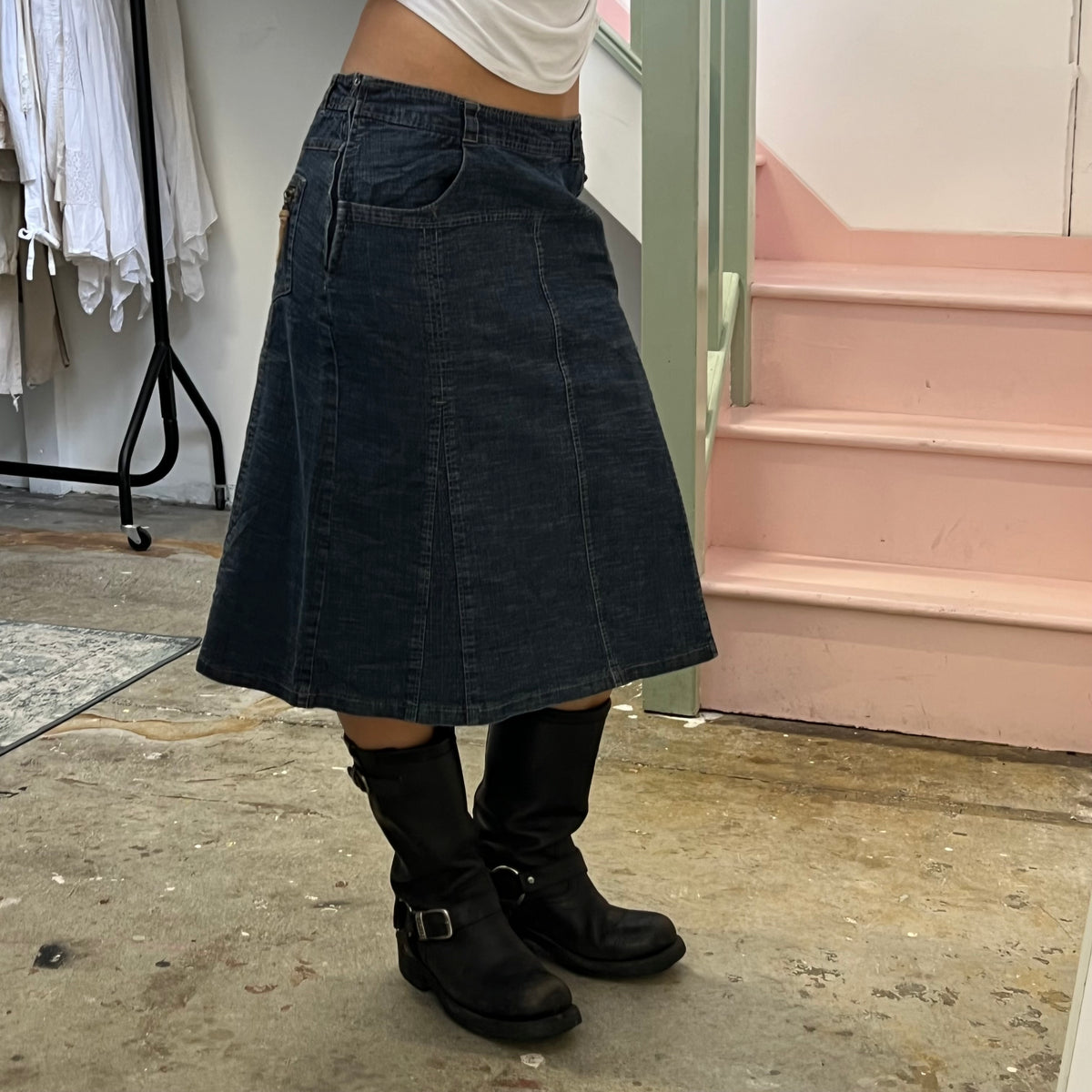 Affinities dark wash denim midi skirt