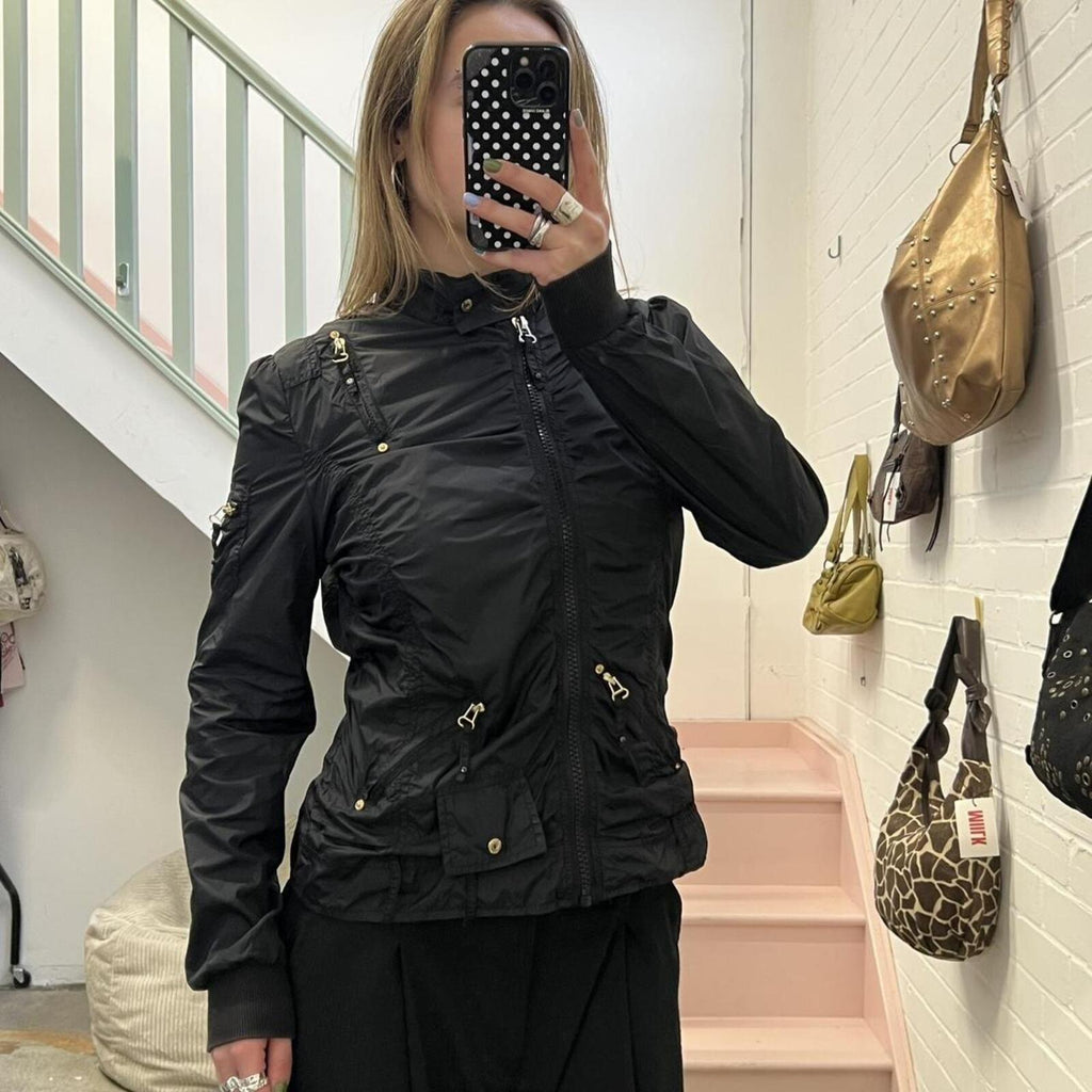 black lightweight ruched windbreaker style fitted vintage jacket