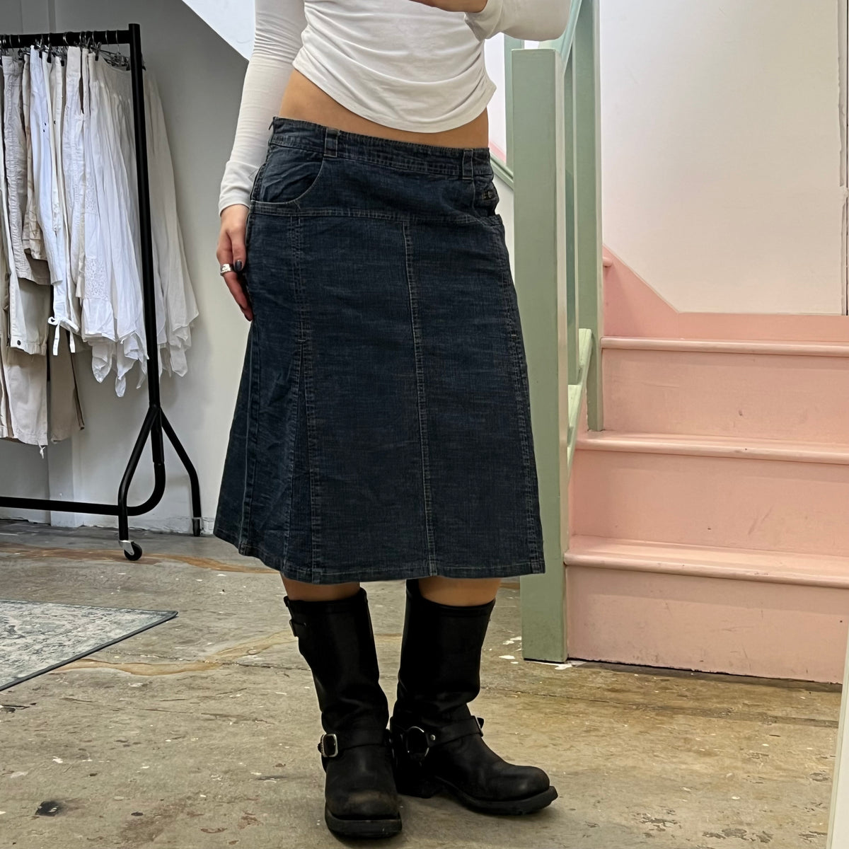Affinities dark wash denim midi skirt