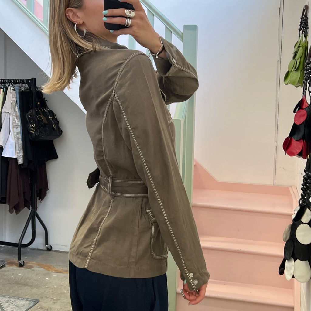 Khaki linen button up belted jacket