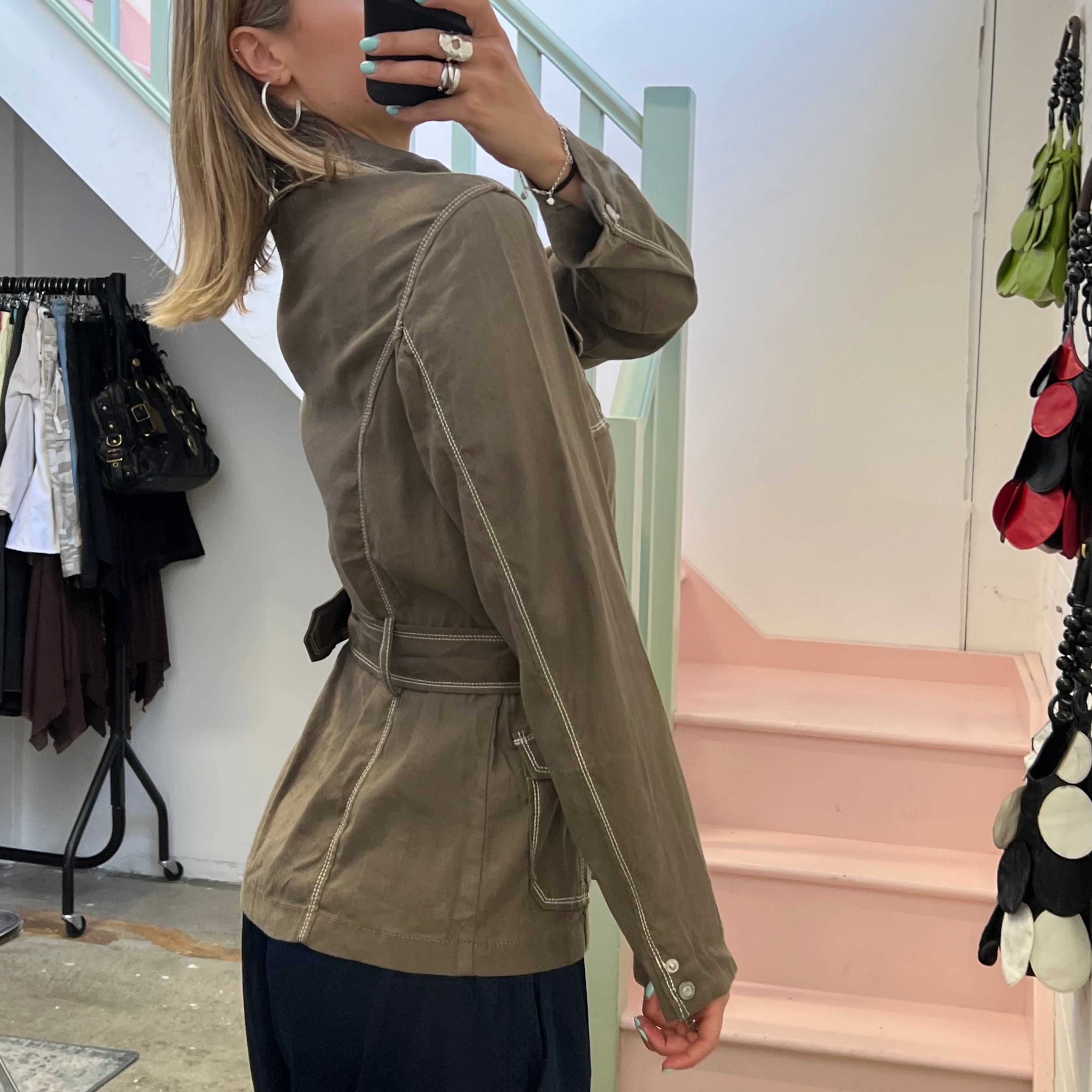 Khaki linen button up belted jacket