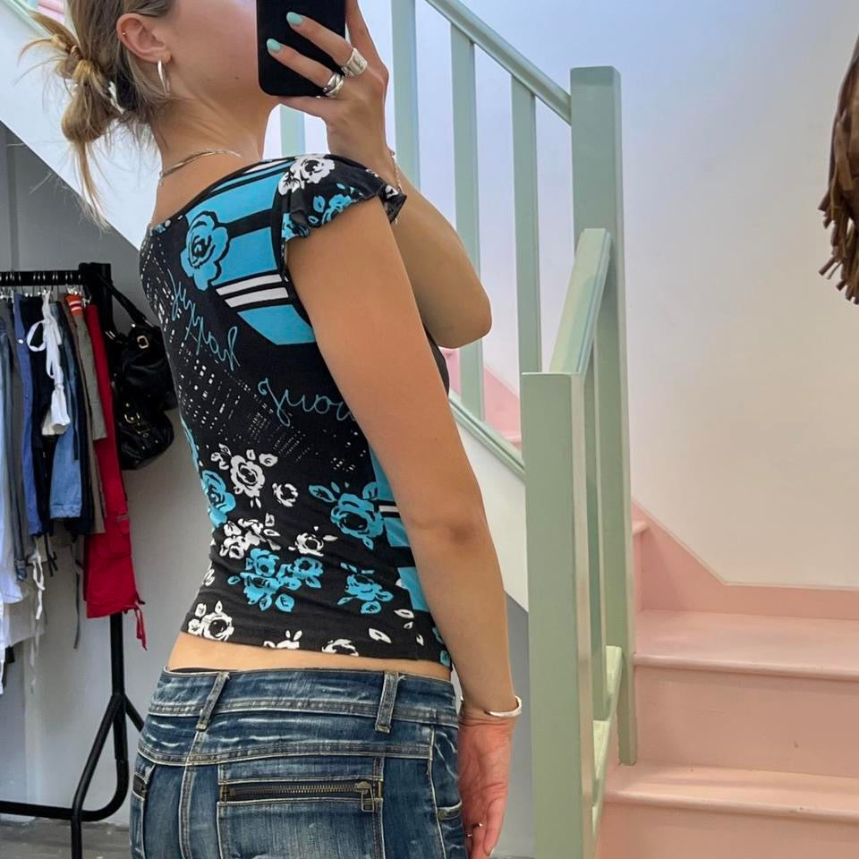 Blue floral printed boat neck top